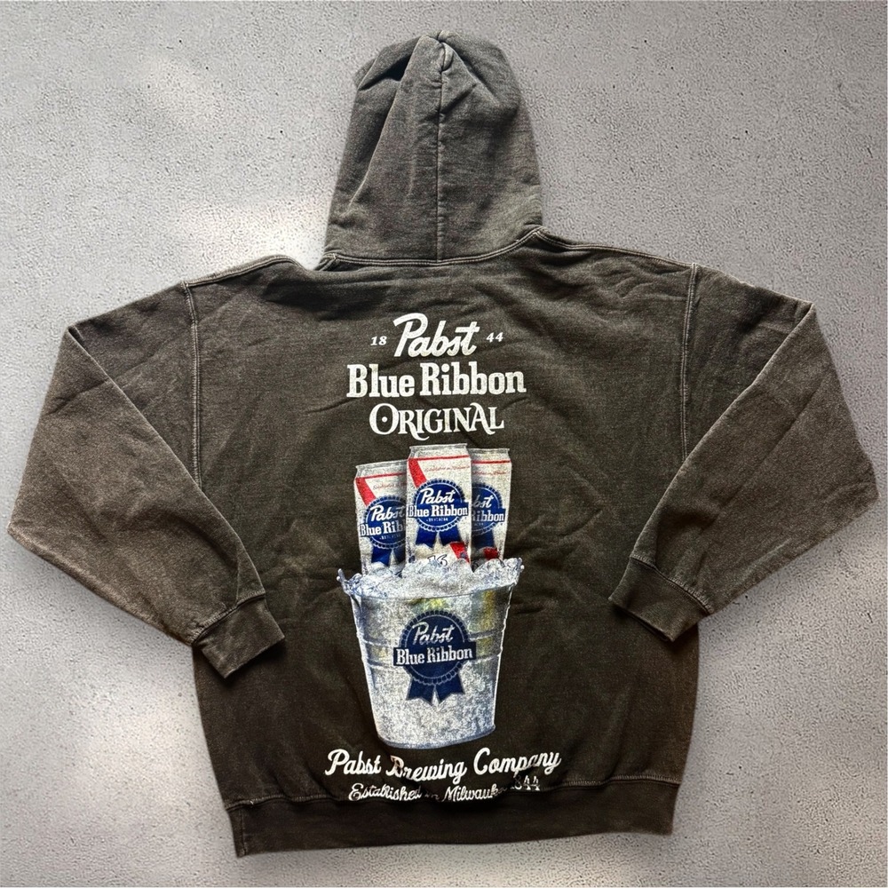 Pabst Blue Ribbon PBR Beer Graphic Hoodie Mens Medium Washed Black Pullover